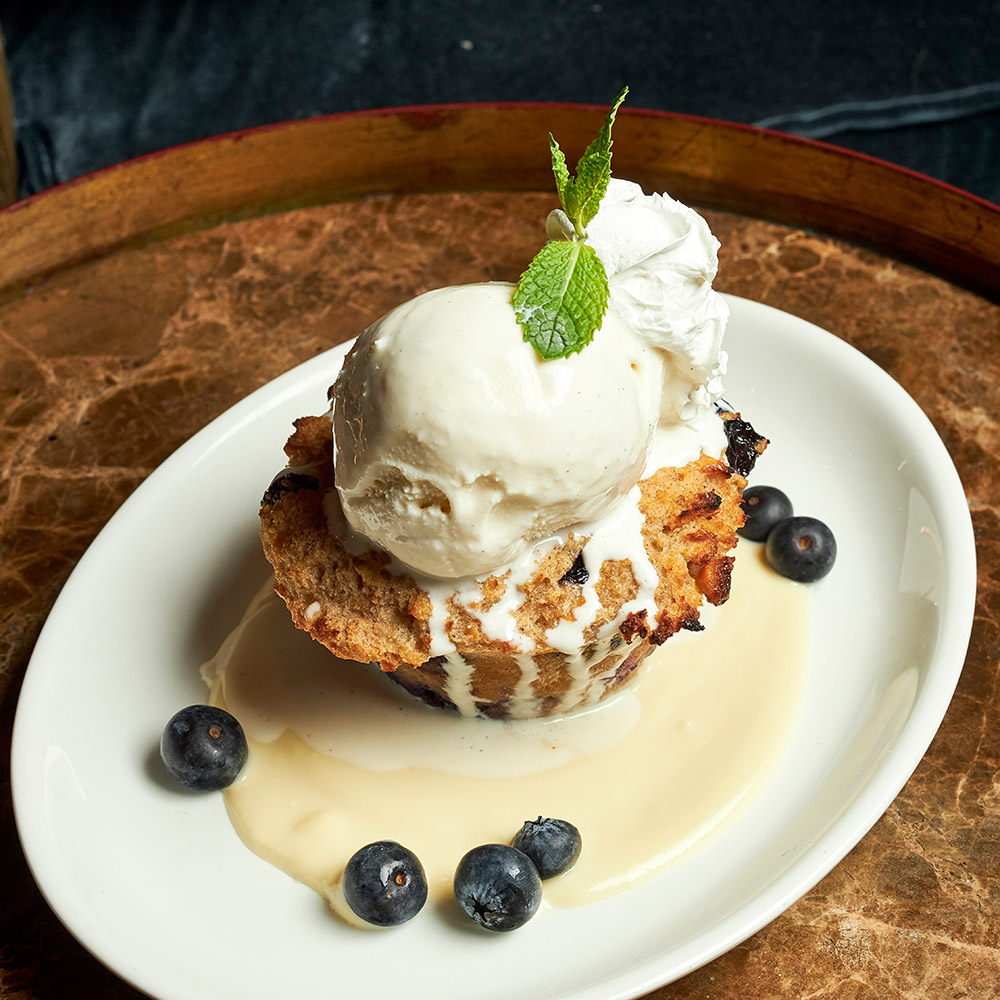 White Chocolate Blueberry Bread Pudding Dessert at 1933 Lounge Fishers